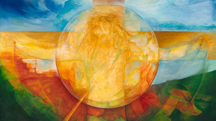 Eine spirituelle Gestalt strahlt in einer leuchtenden Kugel, umgeben von lebendigen, traumhaften Landschaften und himmlischen Farbtönen.