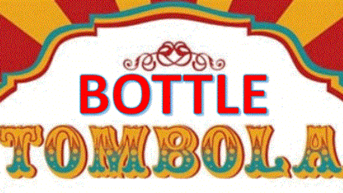 Vibrant logo with 'BOTTLE TOMBOLA' in bold, colorful letters against a sunburst background.