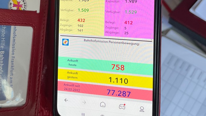 Hand hält rotes Portemonnaie und Smartphone mit Terminübersicht