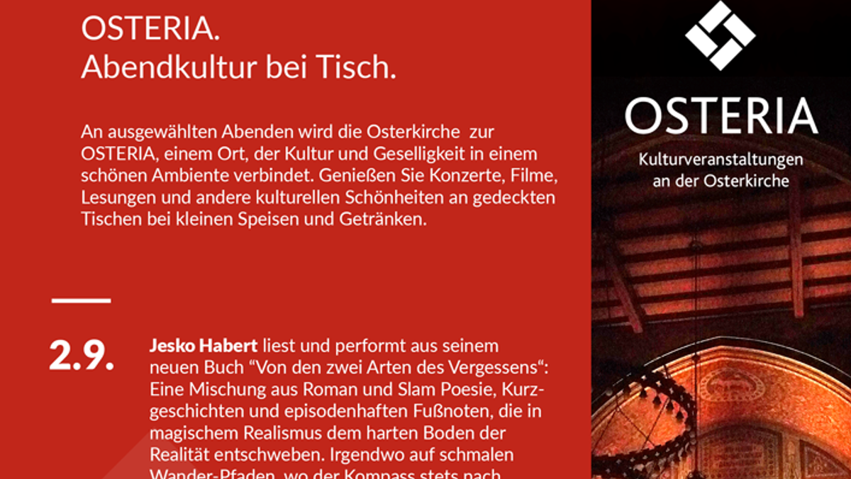 Osteria. Abendkultur bei Tisch, Freitag, 2. September, 19:30 Uhr - Osterkirche