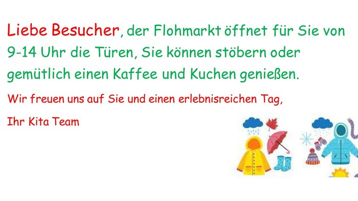Einladung zu einem Flohmarkt in der Kita "Am Kirchbaum" am 1. Oktober 2022, mit Informationen zu Öffnungszeiten, Veranstaltungsort und Spendenmöglichkeiten.