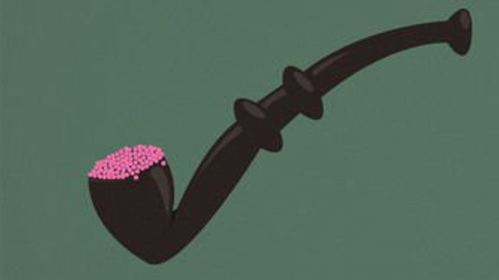 En sort pibe med rosa tæppe i enende.