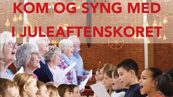 En samling af børn og voksne synger i en kirke