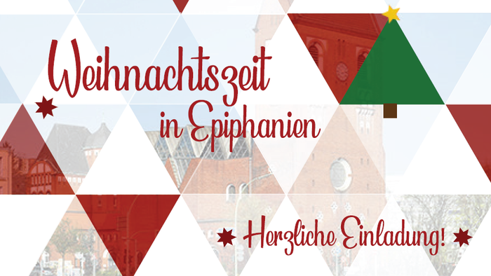 Weihnachtsmotiv-Einladungskarte für Dreikönigsfeierlichkeiten mit festlichen geometrischen Mustern und einem geschmückten Baum.