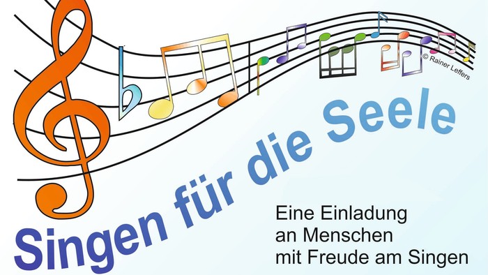 Das Bild zeigt ein Musiknoten-Symbol mit dem Text "Singen für die Seele" und einem Zitat über das Singen.