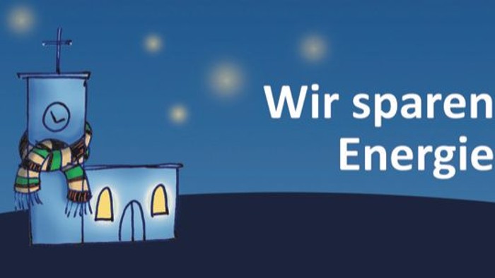 Das Bild zeigt eine Kirche mit einem Windrad und dem Text 