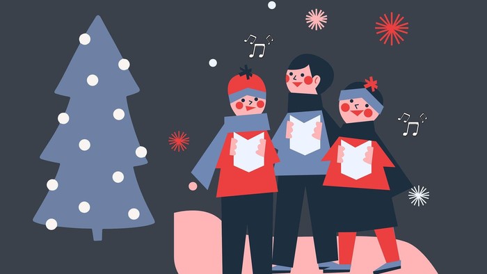 Tre børn synger juleviser ved et juletree