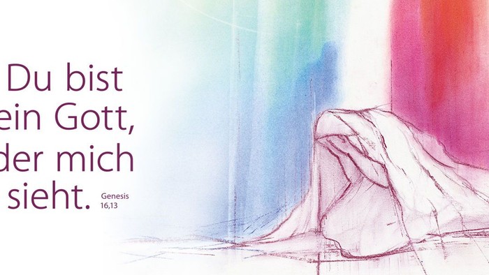 Bild mit farbigem Hintergrund und Text in weißer Schrift: "Du bist ein Gott, der mich sieht." (Genesis 16:14)