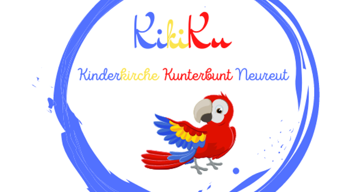Kinderkino-Kinderbunt-Neureut: Bunter Vogel im blauen Kreis mit Logos