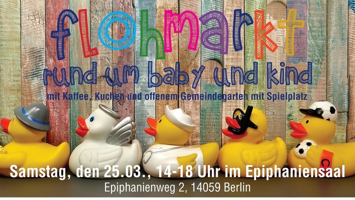 Flohmarkt-Event für Babys und Kinder mit Enten, Kaffee und Gemeinschaftsaktivitäten in Berlin am 25. März.
