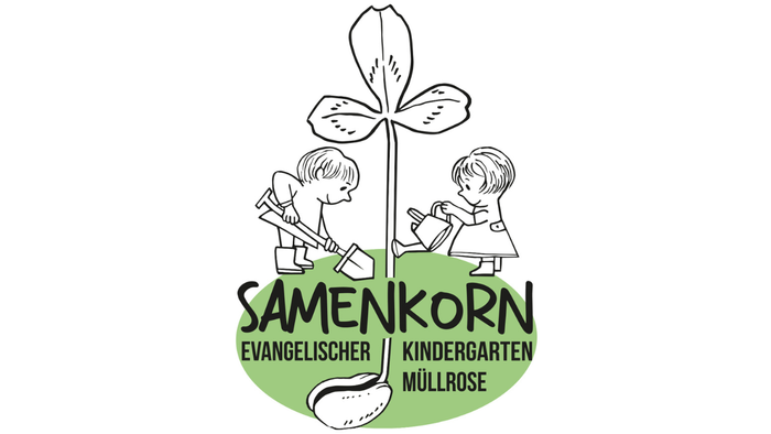 Zwei Kinder gießen eine große Pflanze, darunter steht "Samenkorn Evangelischer Kindergarten Müllrose"