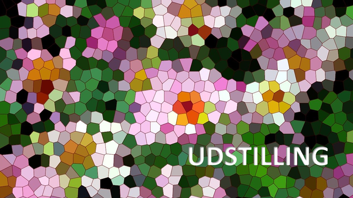 Billedet viser et farverigt mosaik med hexagonale former og ordet 