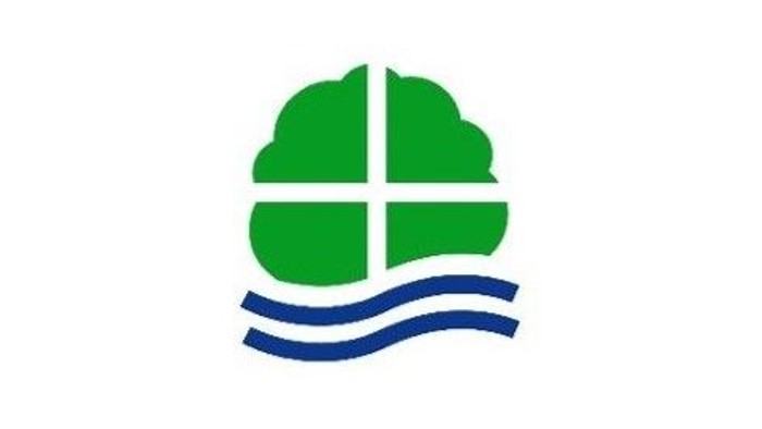 Das Bild zeigt ein grünes Kreuz auf einem blauen Wellenmuster.