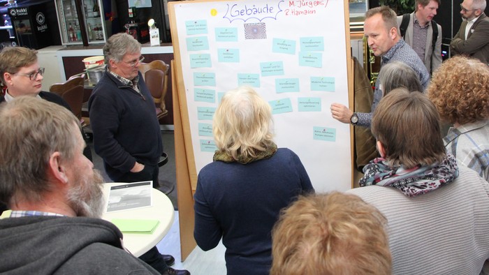 Eine Gruppe von Menschen um einen Flipchart herum, der mit einem Diagramm beschriftet ist.