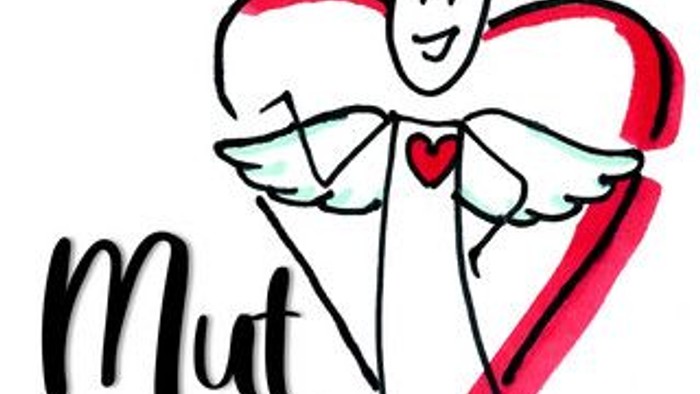 Herzförmiger Engel mit Krone, der ein Herz hält, mit dem Text 