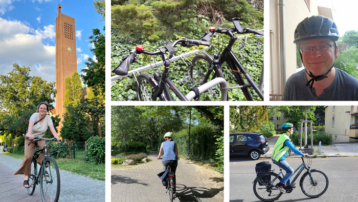Ein Mann fährt Fahrrad neben einem hohen Turm, mehrere Fahrräder lehnen an einem Baum, ein Mann mit Helm, zwei Personen radeln auf einem Weg, ein Kind fährt Fahrrad auf einer Straße