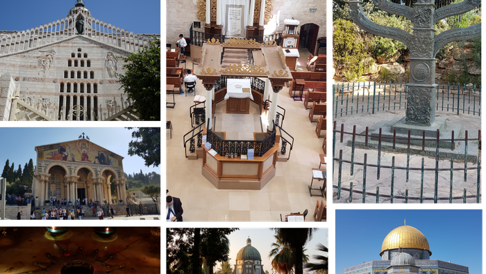 Das Bild zeigt verschiedene Orte und Objekte, darunter ein Boot, eine Moschee, ein Brunnen und ein Gebäude.