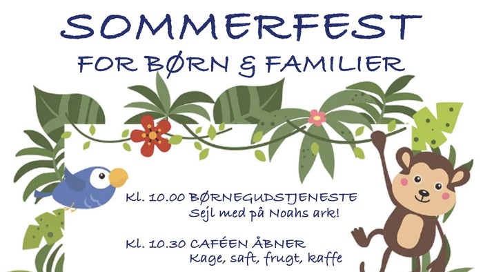 Sommerfest for børn og familier med aktiviteter som skattejagt, salmedans og kaffe.