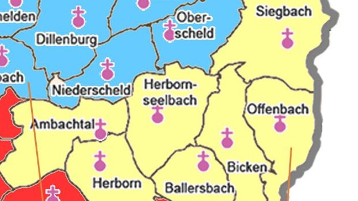 Kirchenkarte von Hessen und Nassau mit Gemeindeangaben und Mitgliederzahlen