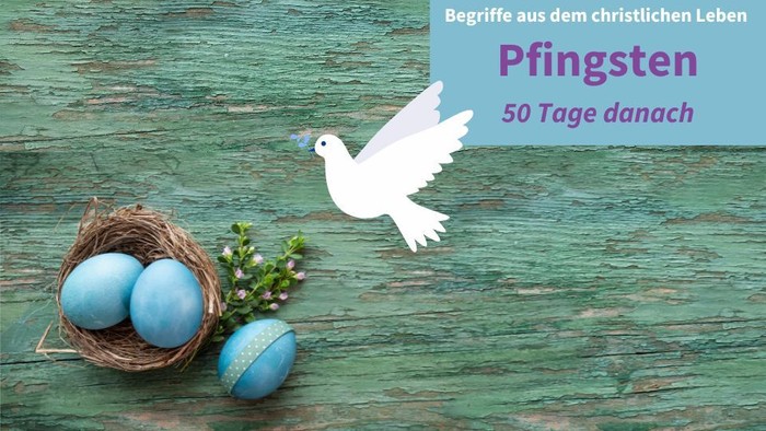 Ein Hühnerstall mit blauen Ostereiern und einer fliegenden Taube, Text: "Pfingsten 50 Tage danach"