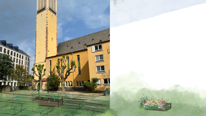 Bild zeigt Kirche mit hohem Turm und umliegender Grünfläche