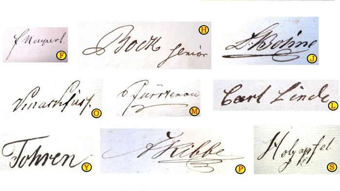 Verschiedene Handschriften mit Unterschriften und Namen, teilweise mit goldenen Siegeln verziert