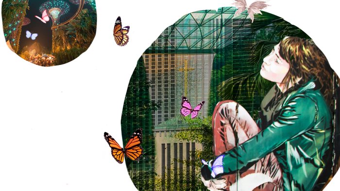 Frau mit Maske und Kind in grünem Umfeld mit Schmetterlingen