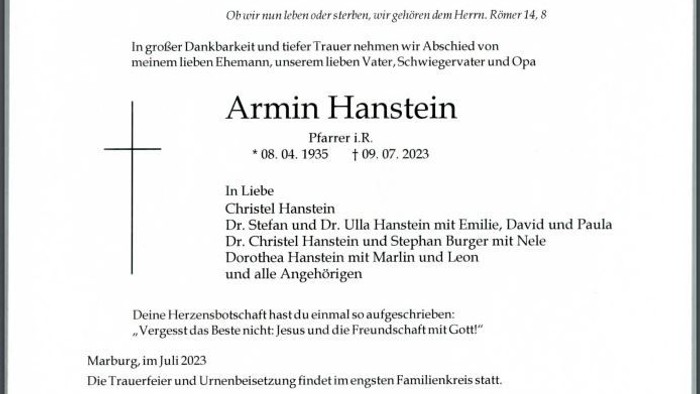 Traueranzeige für Armin Hanstein mit Lebensdaten, Familienangaben und Traueransprache.