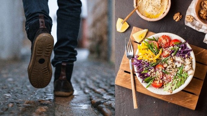 Links Person läuft auf Kopfsteinpflaster, rechts bunter Salat auf Holzbrett