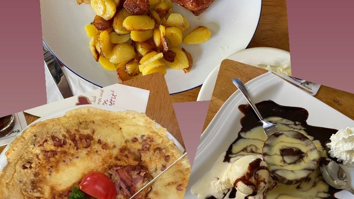 Drei Teller mit verschiedenen Gerichten: Huhn, Kartoffeln, Pfannkuchen und Dessert