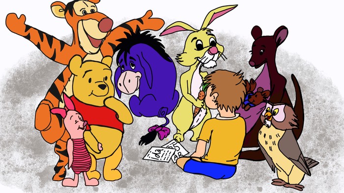 Billedet viser Winnie Puh og venner i en gruppe.