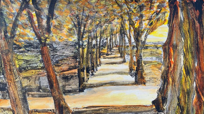 Skibet er belagt med sne, og der er en rød flaggstang på fordecks.