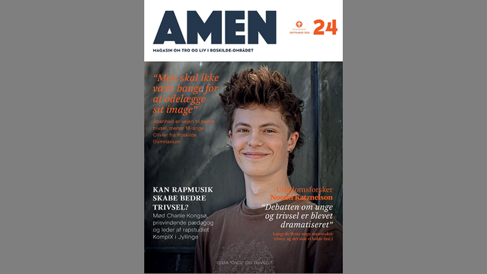 Amen-magasin med portræt af person og tekster på dansk