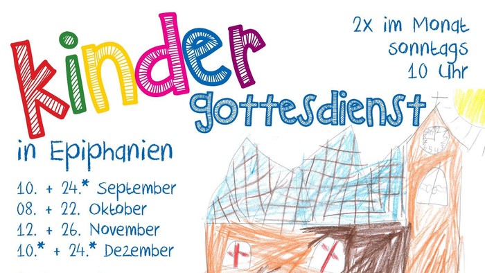 Kinderkirchengottesdienst-Plan für Epiphanias mit Terminen und Uhrzeiten für monatliche Sonntagsveranstaltungen.