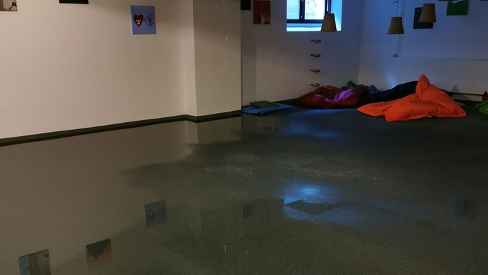 Galleri med blå gulv og udstillede billeder på vægge