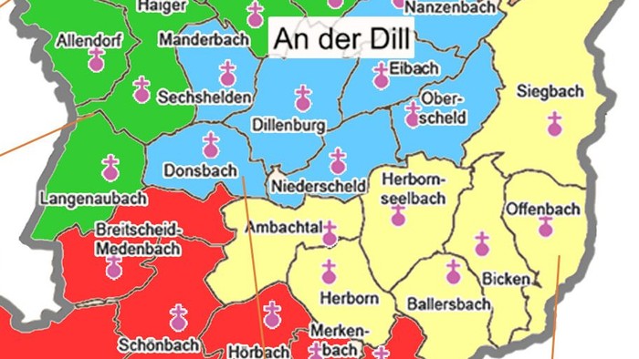 Kirchenkarte von Hessen und Nassau mit Gemeindeangaben und Mitgliederzahlen