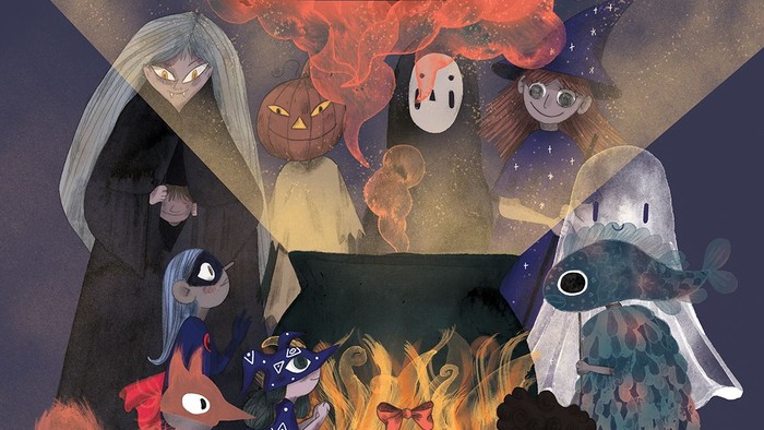 En gruppe skikkelser i Halloween-kostumer samles omkring en bålgrube med gulerodder.