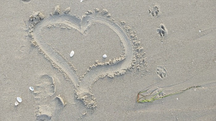 Ein Herz wird in den Sand gezeichnet, neben einem kleinen Fisch.
