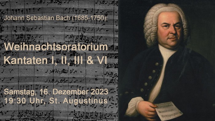 Bach-Porträt und Noten, Konzertankündigung am 16. Dezember 2023