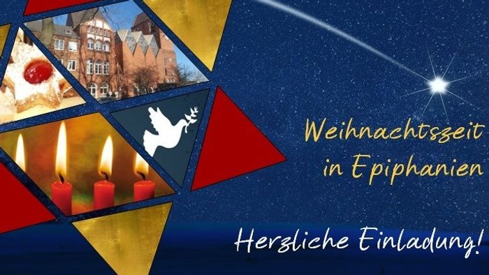 Weihnachtsstern-Einladung mit Friedenswunsch für die Erde zur Epiphaniaszeit, gestaltet mit festlichen Motiven und deutschem Text.