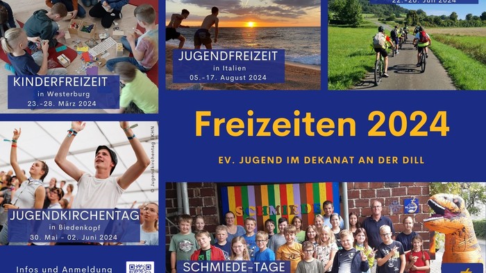 Das Bild zeigt verschiedene Freizeitaktivitäten für Jugendliche im Jahr 2024, darunter Ferienfreizeiten, Jugendkirchentage und Schmiede-Tage.