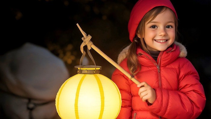 Ein kleines Mädchen in rotem Mantel und Mütze hält eine leuchtende Laterne.