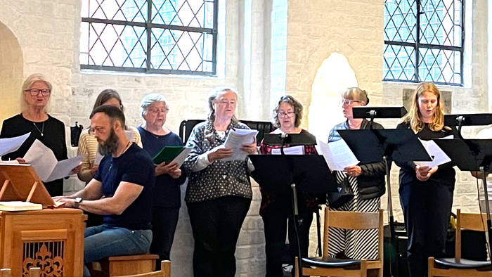 En kirke med en sanggruppe og en orgel.