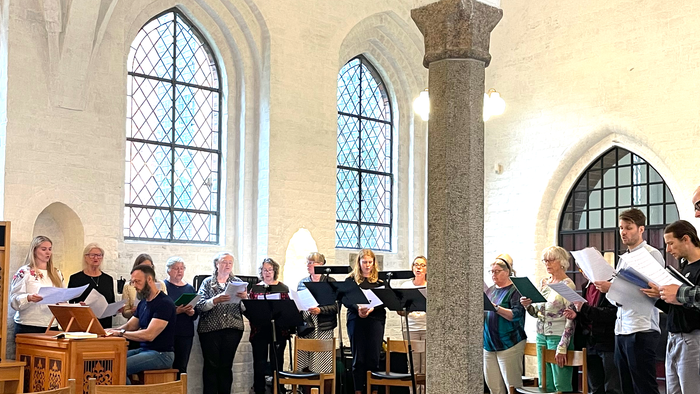 En kirke med en sanggruppe og en orgel.
