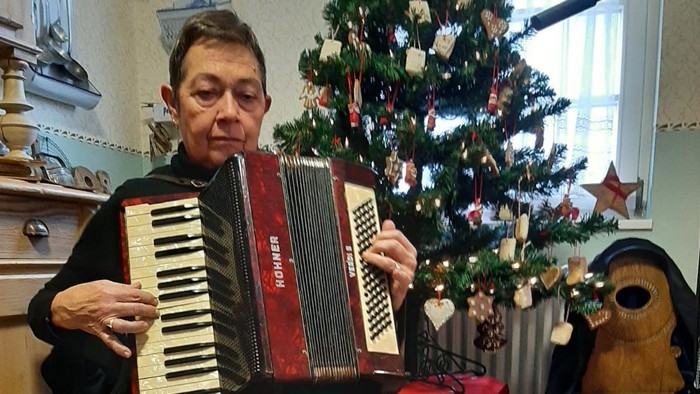 Mann spielt Akkordeon vor Weihnachtsbaum