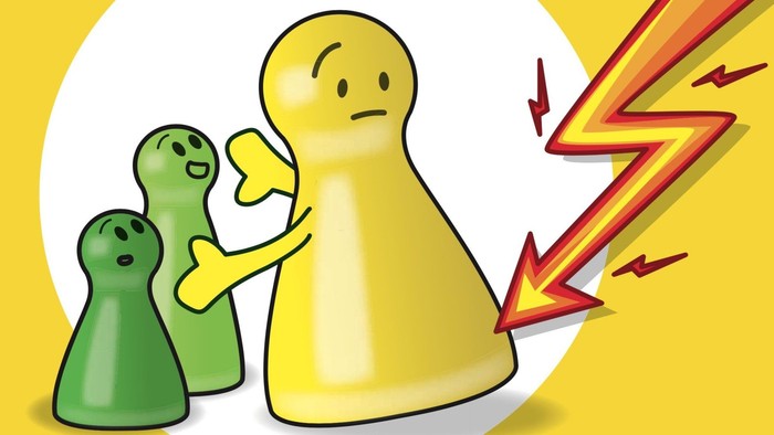 Drei grüne Monster mit einem gelben, der von einem Blitz getroffen wird