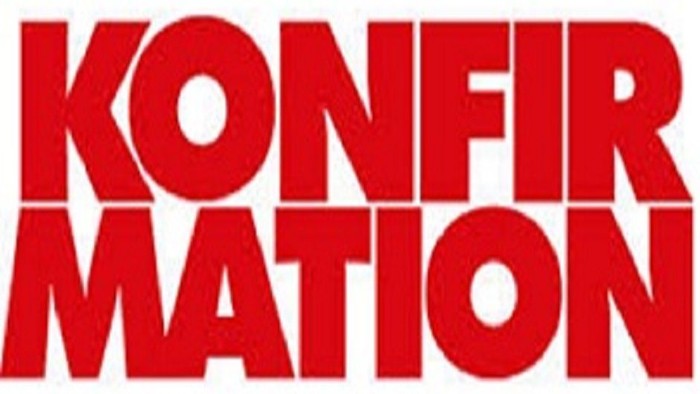 KONFIRMATION i rød skrift på hvid baggrund