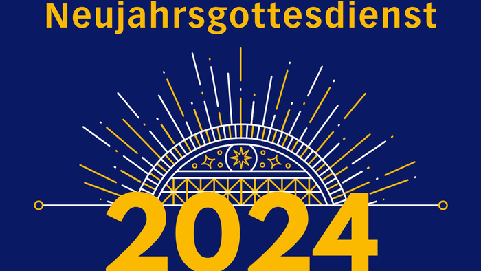 Neujahrsgottesdienst-Grafik für 2024 mit festlichem Feuerwerk- und Sternen-Design.