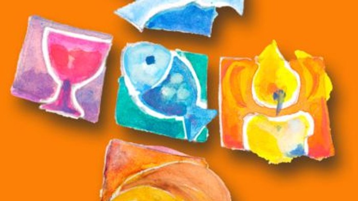 Bunte, farbenfrohe Papierschnipsel auf orangenem Hintergrund