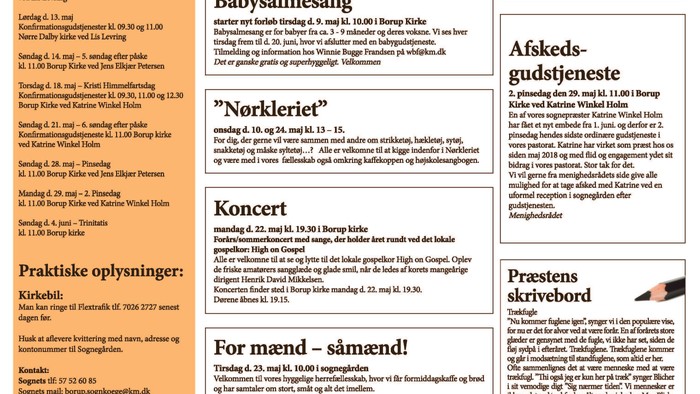 Flyer med information om aktiviteter og tjenester i Borup-Kimmerslev-Nørre Dalby Pastorat